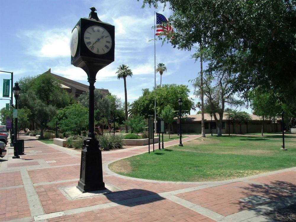 Murphy Park and the town clock in downtown Glendale, Arizona, in 2013, before the civic campus rebuild
